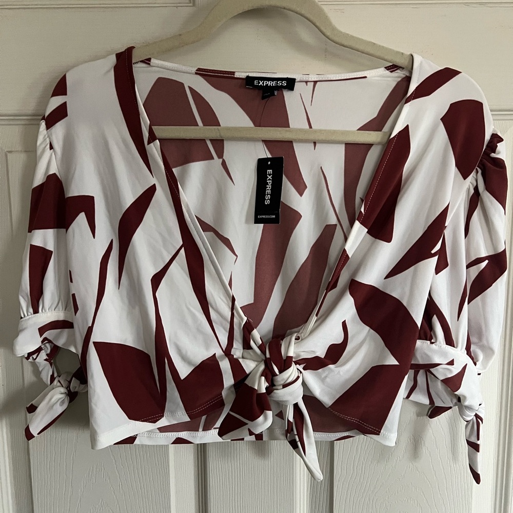 Express Burgundy & White Tie-Front Crop Top - Size XS